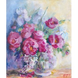 Le vase de pivoines, iris et glycines - Liliane Paumier : Peinture Acrylique sur Toile - Galerie Antoine