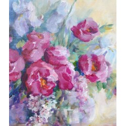Le vase de pivoines, iris et glycines - Liliane Paumier : Peinture Acrylique sur Toile - Galerie Arnaud