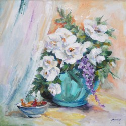 Roses blanches et bonbons - Liliane Paumier : Peinture Acrylique sur Toile - Galerie Arnaud