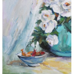 Roses blanches et bonbons - Liliane Paumier : Peinture Acrylique sur Toile - Galerie Arnaud