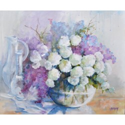 Le bouquet, boules de neige et lilas - Liliane Paumier : Peinture Acrylique sur Toile - Galerie Antoine