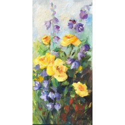 Roses jaunes et campanules - Liliane Paumier : Peinture Acrylique sur Toile - Galerie Arnaud