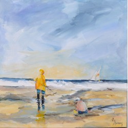 Le ciré jaune, sur la plage - Liliane Paumier : Peinture Acrylique sur Toile - Galerie Antoine