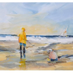 Le ciré jaune, sur la plage - Liliane Paumier : Peinture Acrylique sur Toile - Galerie Arnaud