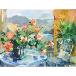 Le bouquet devant la fenetre - Liliane Paumier : Peinture Acrylique sur Toile - Galerie Antoine