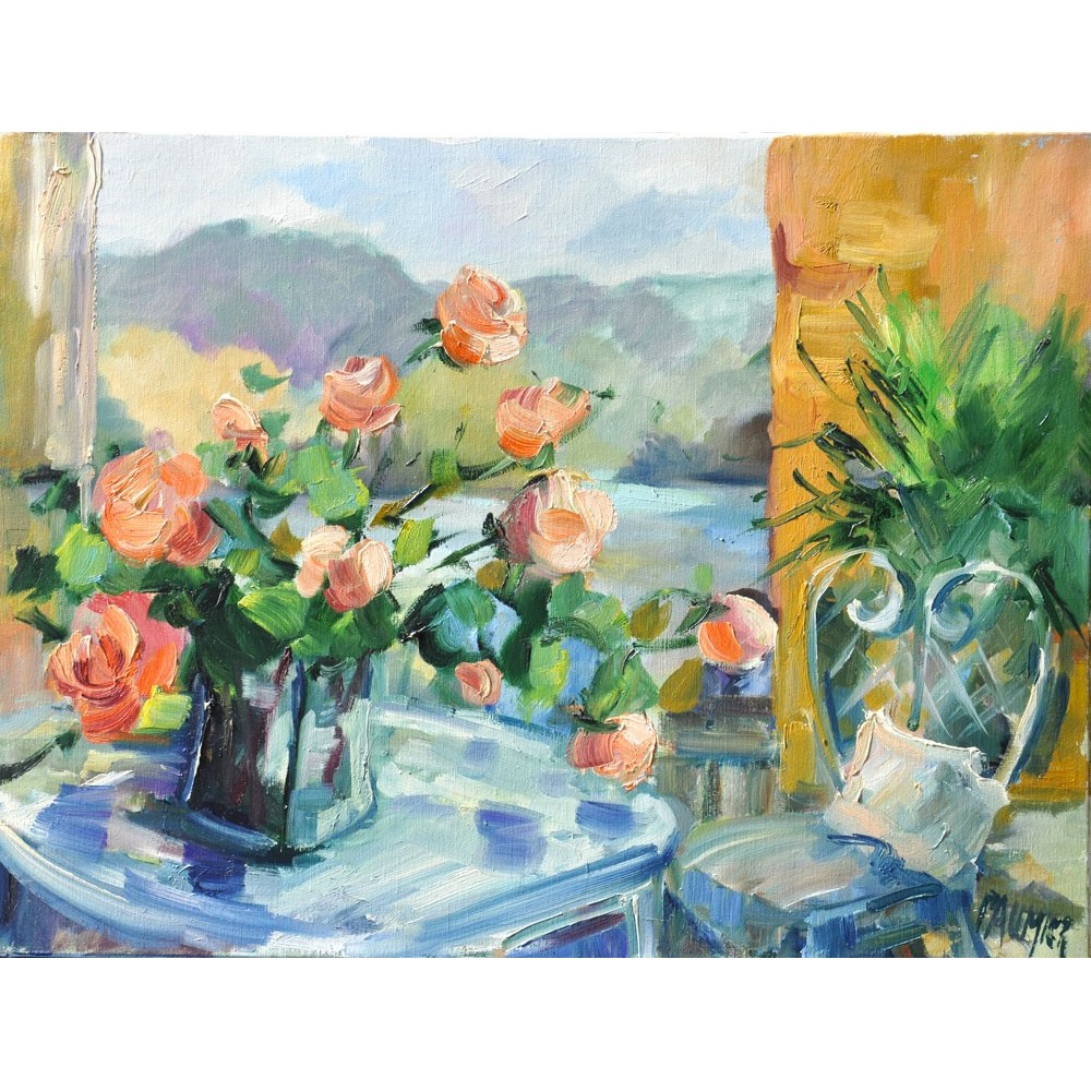 Le bouquet devant la fenetre - Liliane Paumier : Peinture Acrylique sur Toile - Galerie Arnaud