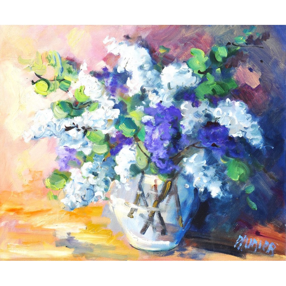 Le bouquet de lilas blanc et violet - Liliane Paumier : Peinture Acrylique sur Toile - Galerie Arnaud