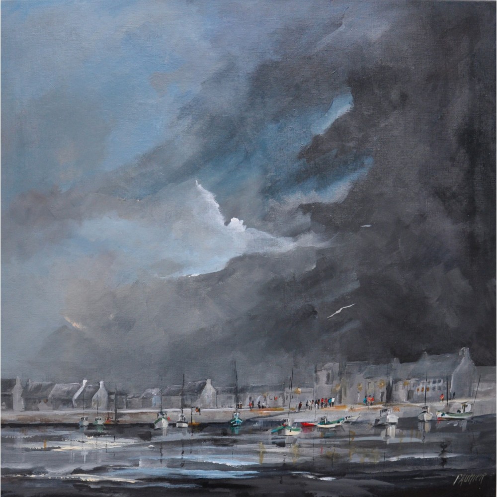 Ciel menaçant sur le port - Liliane Paumier : Peinture Acrylique sur Toile - Galerie Arnaud