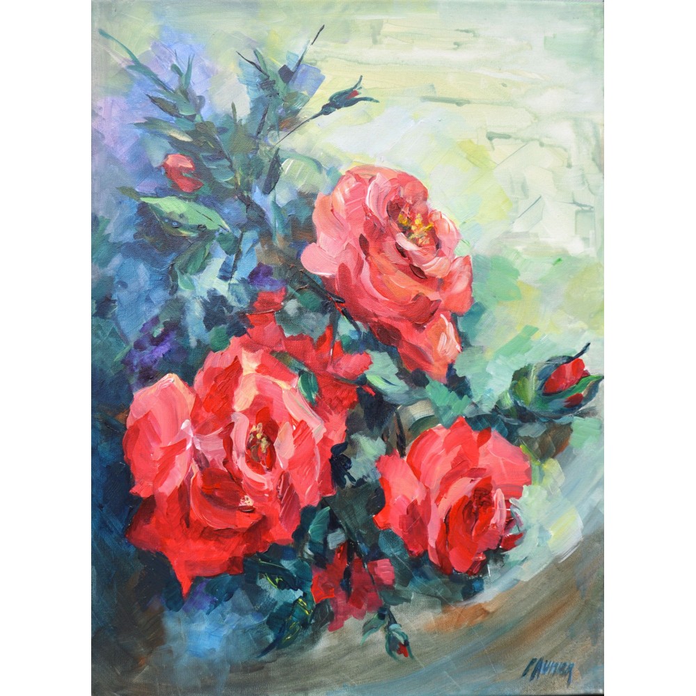 Le bouquet, les roses rouges - Liliane Paumier : Peinture Acrylique sur Toile - Galerie Arnaud