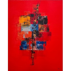 Carrés sur rouge - Marie Line Robert : Huile sur toile - Galerie Arnaud la Rochelle