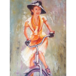 Ambiance retro en vélo - Martine Grégoire : Huile sur toile - Galerie Arnaud la Rochelle