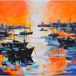Ciel orange sur le port - Liliane Paumier : Peinture Acrylique sur Toile - Galerie Arnaud