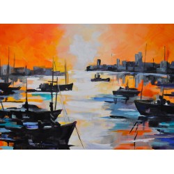 Ciel orange sur le port - Liliane Paumier : Peinture Acrylique sur Toile - Galerie Arnaud
