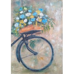 Fleurs et vélo  - Martine Grégoire : Huile sur toile - Galerie Arnaud